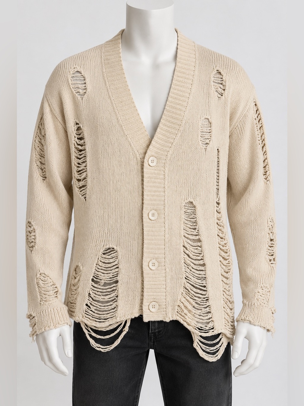 MNML Distressed Shredded Knit Cardigan Y2K Streetwear Off White Cream Men’s XXL
